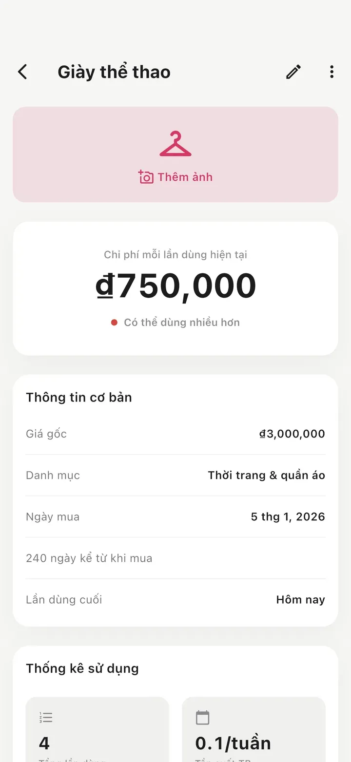 Trang chi tiết giày thể thao chưa có ảnh, đã dùng 4 lần, chi phí mỗi lần dùng còn cao với chấm đỏ và gợi ý 'Có thể dùng nhiều hơn'.