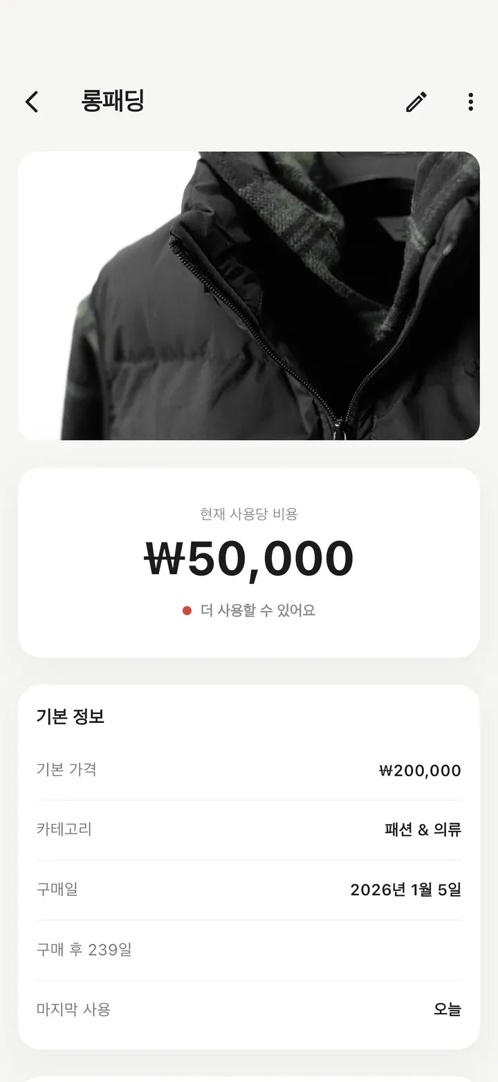 사진이 있는 롱패딩 상세 화면. 4회 사용으로 1회 비용이 높아 빨간 점과 '더 사용할 수 있어요' 힌트가 표시된다.