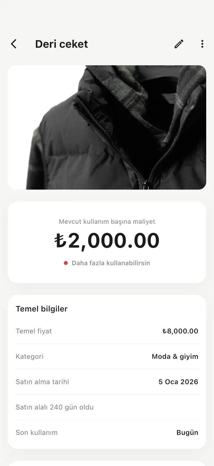 Fotoğraflı deri ceket detay ekranı; 4 kez kullanılmış, kullanım başına maliyet yüksek, kırmızı nokta ve 'Daha fazla kullanabilirsin' ipucu görünüyor.