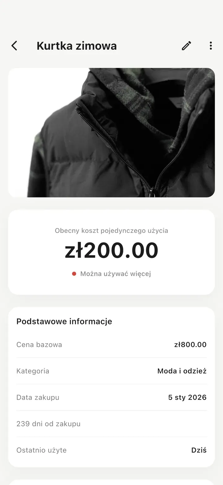 Szczegóły kurtki zimowej ze zdjęciem, użytej 4 razy, z wysokim kosztem jednego użycia oznaczonym czerwoną kropką i podpowiedzią „Można używać więcej”.