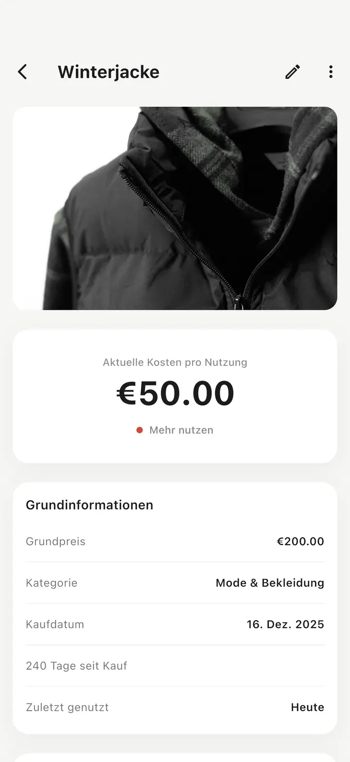 Detailansicht einer Winterjacke mit Foto, bisher 4-mal genutzt, mit hohen Kosten pro Nutzung, rotem Punkt und dem Hinweis 'Mehr nutzen'.