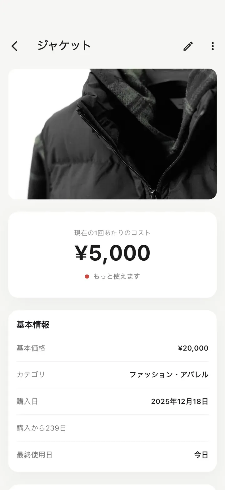 写真付きジャケットの詳細画面。使用回数4回で1回あたりコストが高く、赤い点と「もっと使えます」のヒントが表示されている。