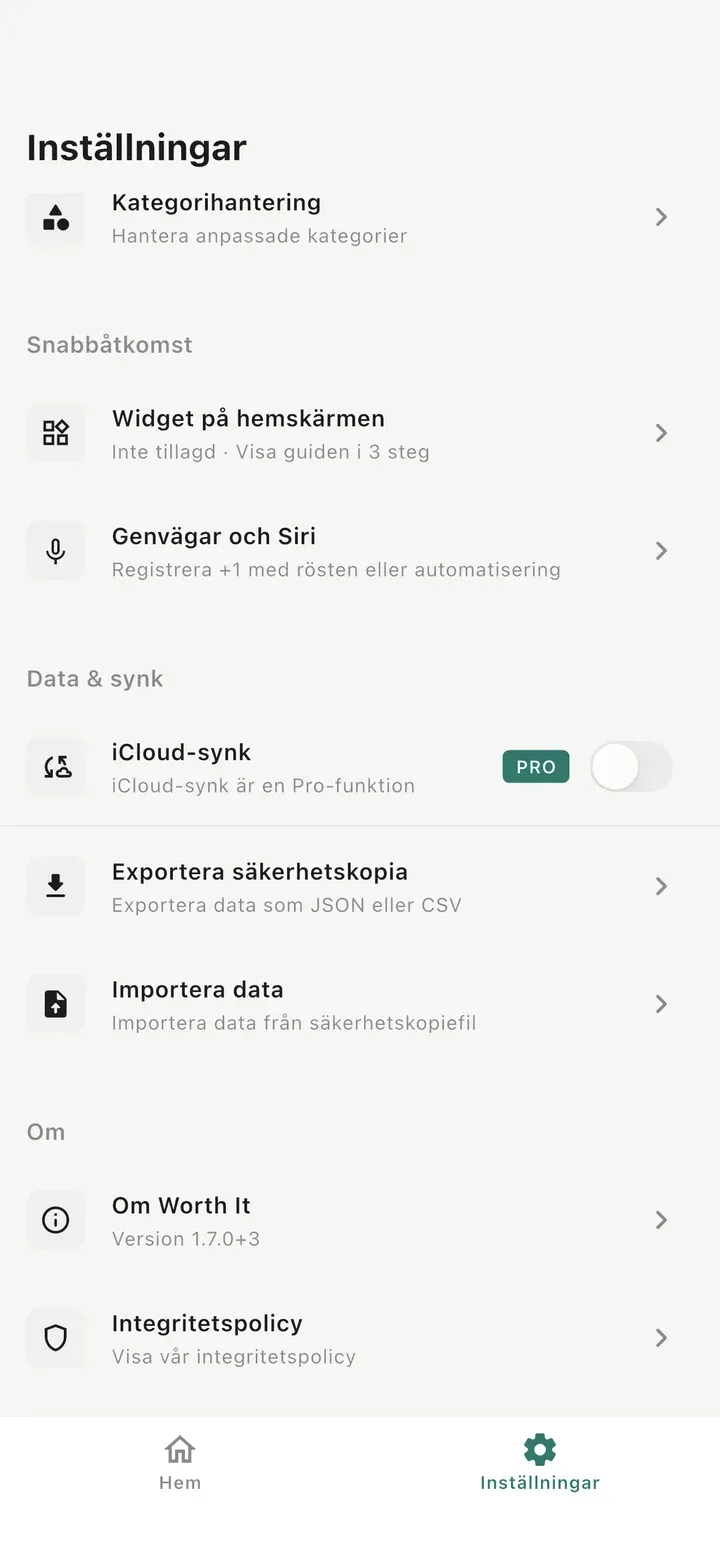 Inställningsskärm med Hemskärmswidget, Kortkommandon & Siri, iCloud-synk, Exportera säkerhetskopia, Importera data och Integritetspolicy.