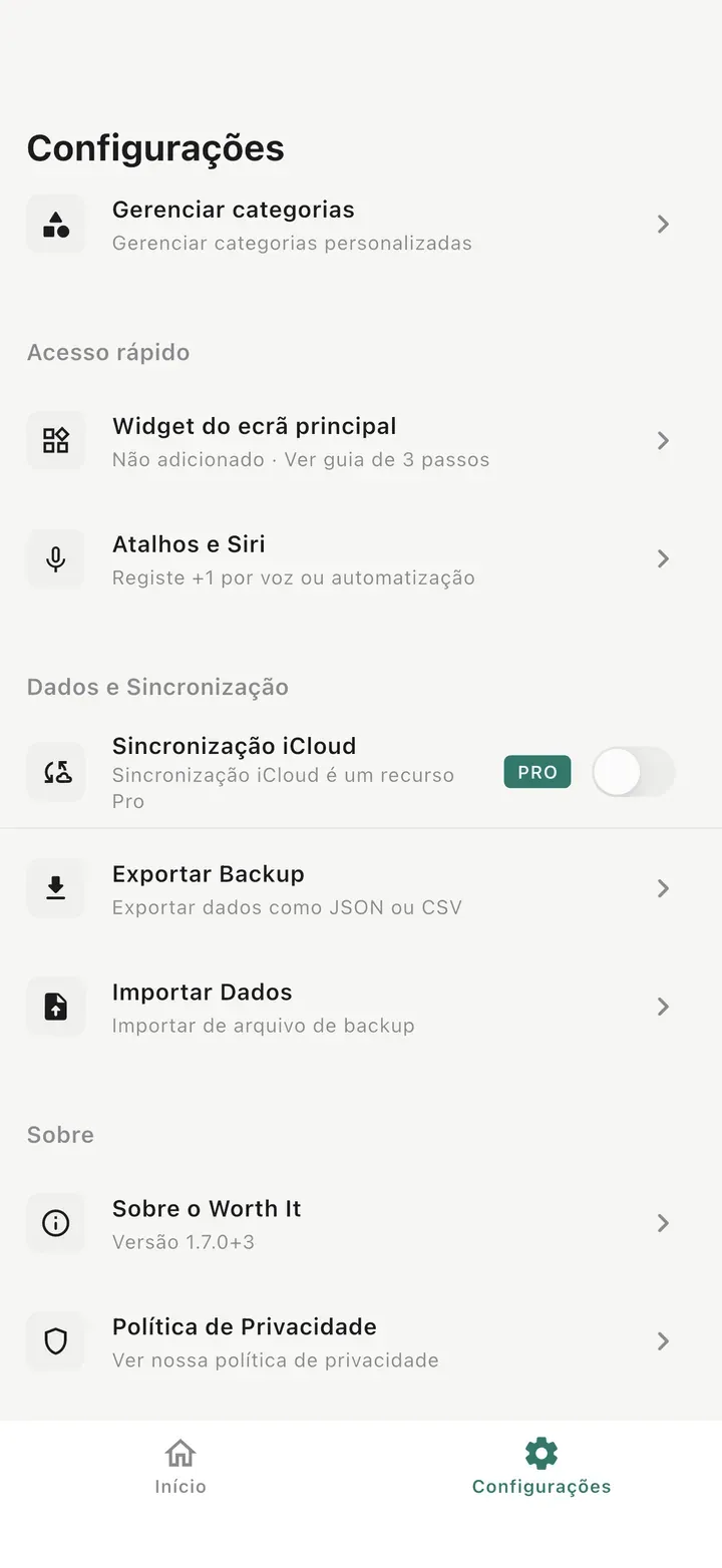 Tela de ajustes com Widget da tela inicial, Atalhos e Siri, Sincronização iCloud, Exportar backup, Importar dados e Política de privacidade.