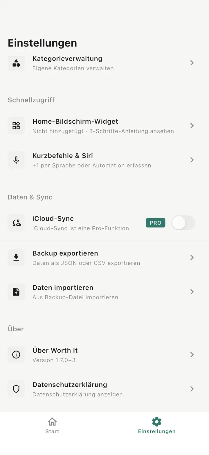 Einstellungen mit Home-Bildschirm-Widget, Kurzbefehle & Siri, iCloud-Sync, Backup exportieren, Daten importieren und Datenschutzerklärung.