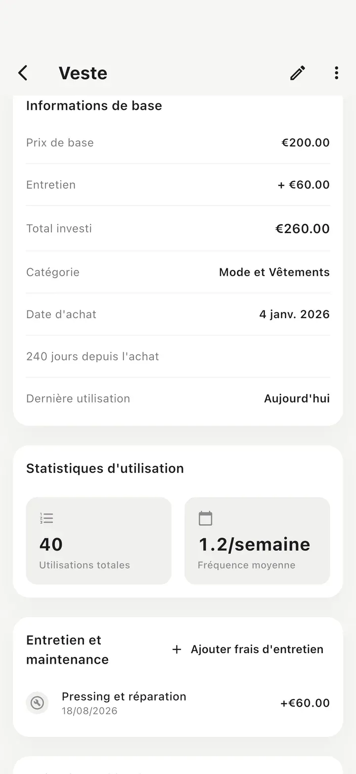 Fiche d'article montrant prix de base plus entretien en total investi, 40 utilisations et un enregistrement pressing et réparation sous Entretien et maintenance.