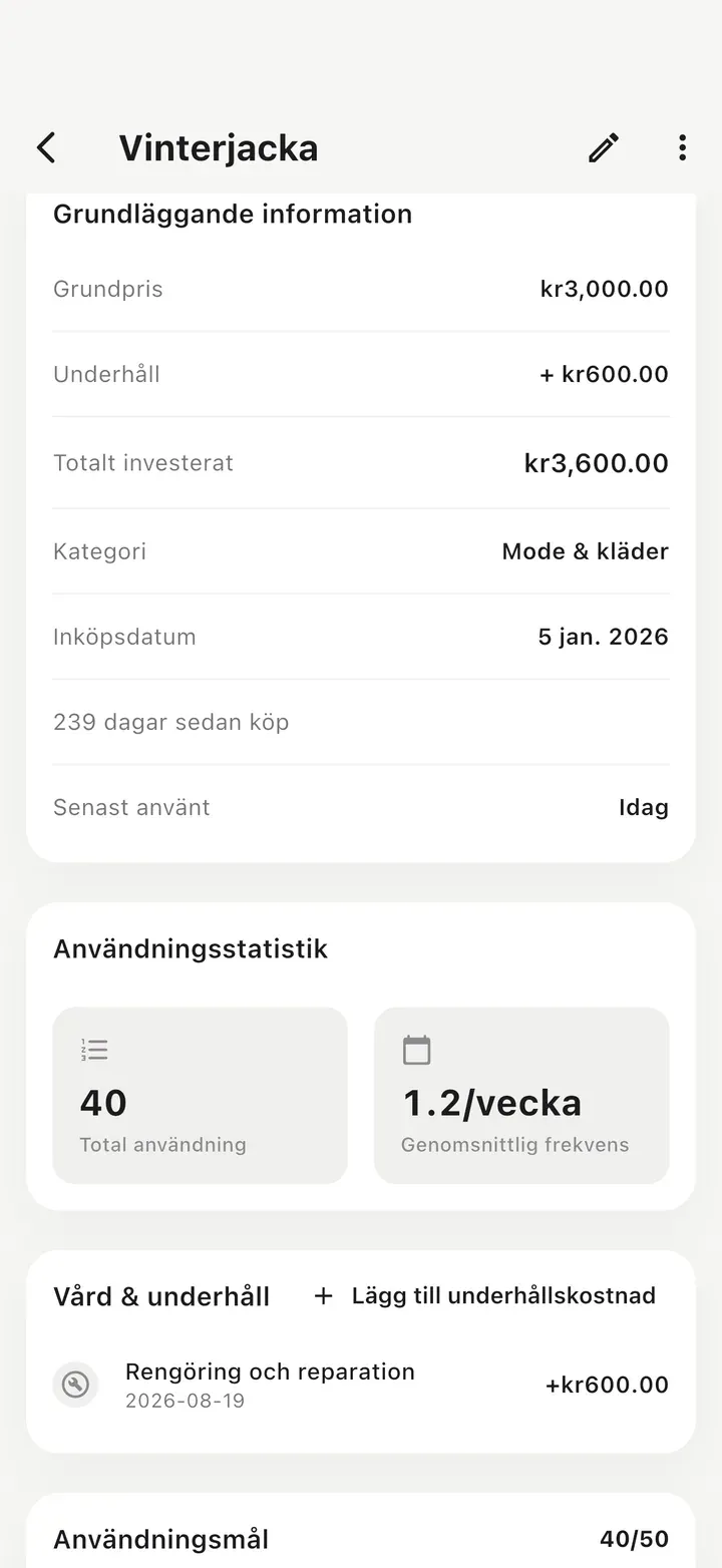 Detaljvy med grundpris plus underhåll som totalt investerat, 40 användningar och en post för rengöring och reparation under Vård & underhåll.