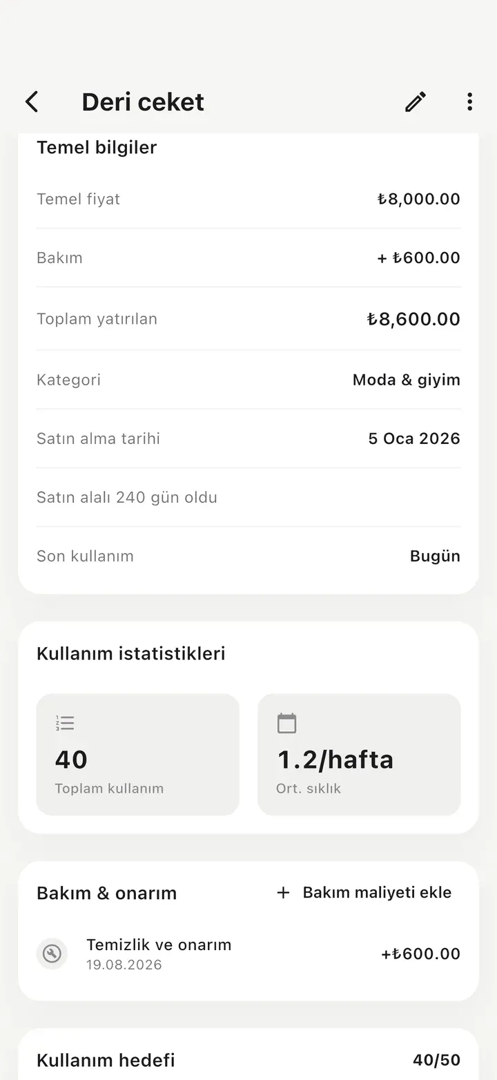 Temel fiyat artı bakımın toplam yatırım olarak gösterildiği, 40 kullanımlı ve Bakım & onarım bölümünde temizlik ve onarım kaydı olan detay ekranı.