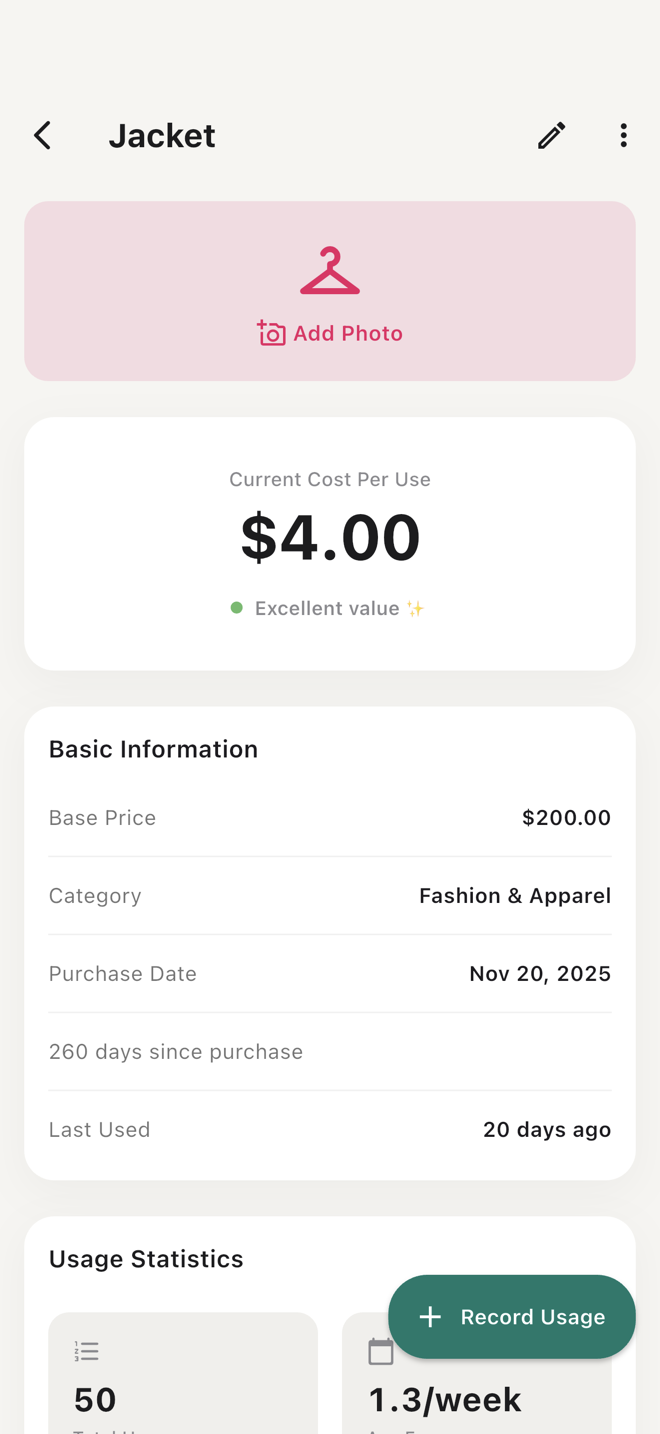 Worth It iPhone item detail showing a jacket with its photo and low cost per use.