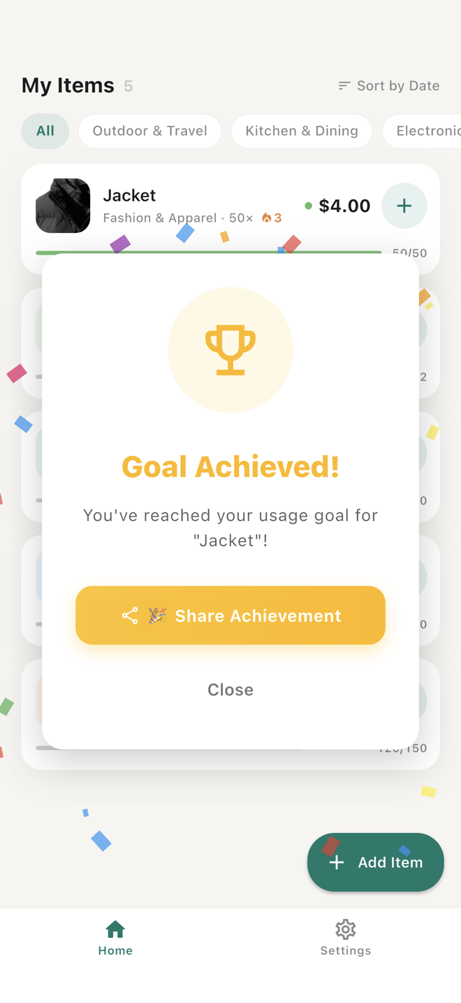 Worth It iPhone showing a Goal Achieved celebration dialog with confetti.